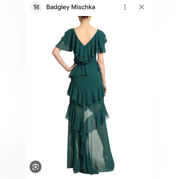 NWT Badgley Mischka V neck georgette flutter cascading ruffle gown, high low hem - Picture 2 of 9